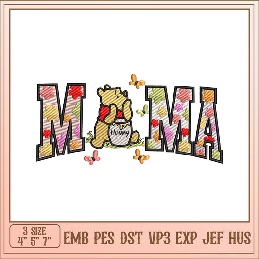 Winnie the Pooh Mama Embroidery Design Flower Letters 3 Sizes