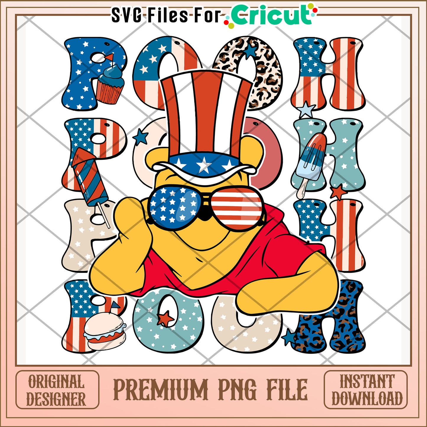 Winnie the pooh american design png, cute cartoon png, red white and blue png