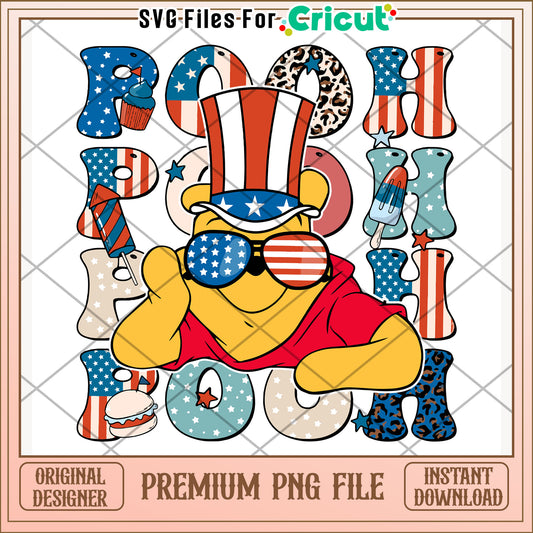 Winnie the pooh american design png, cute cartoon png, red white and blue png