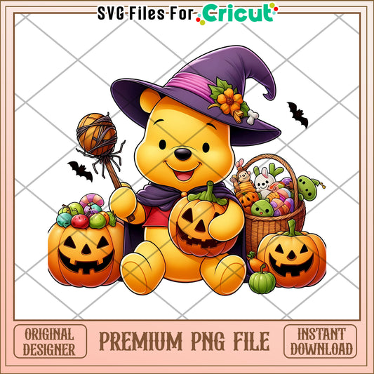 Winnie the pooh wtich candy png, halloween characters png, cute halloween design png