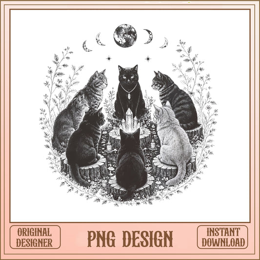 Witch Cats Moon Phase Crystal PNG, Black Cat Witchy PNG, Halloween PNG
