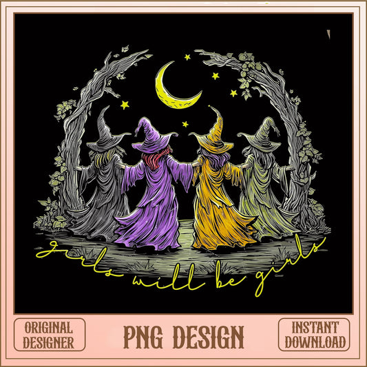 Witch Sisters Dancing PNG, Girls Will Be Girls Halloween, Witchy Moon PNG