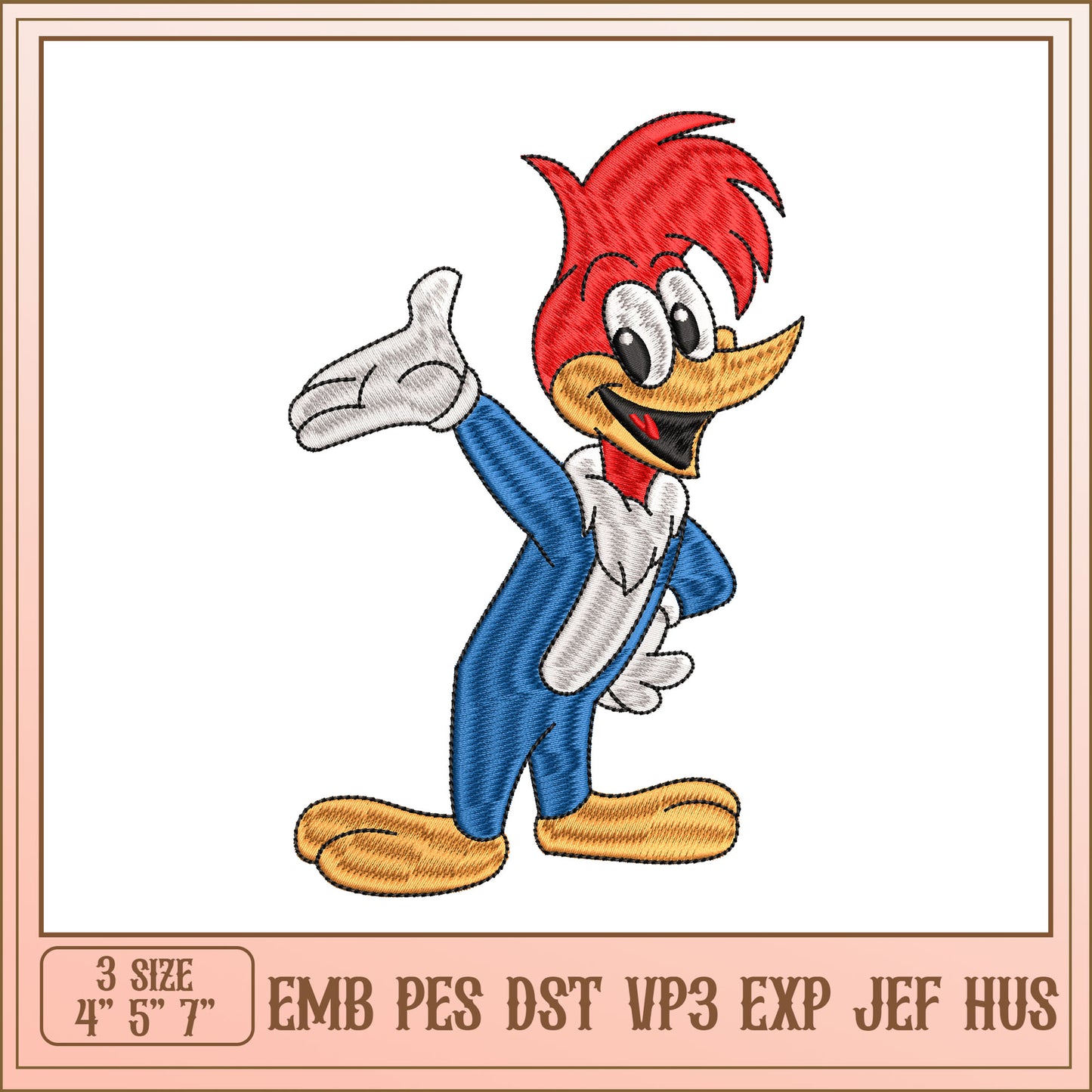 Woodpecker Character Embroidery Design in Multiple Sizes Formats