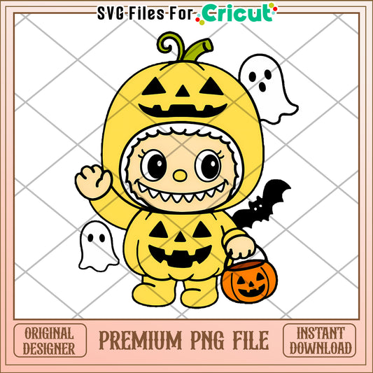 Yellow pumpkin labubu png, halloween candy png, pop mart labubu dolls​​ png