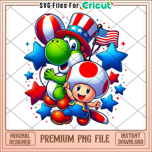 Yoshi and toad cute character png, independence day png, 4th of july png
