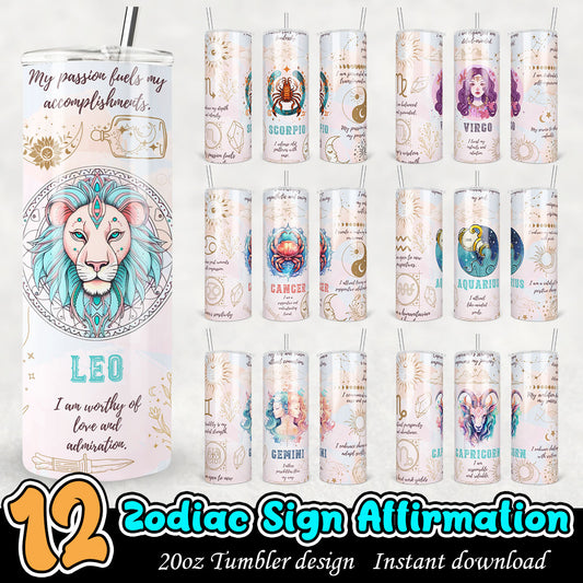 Zodiac Sign Affirmation 20 oz Skinny Tumbler, Zodiac tumbler bundle