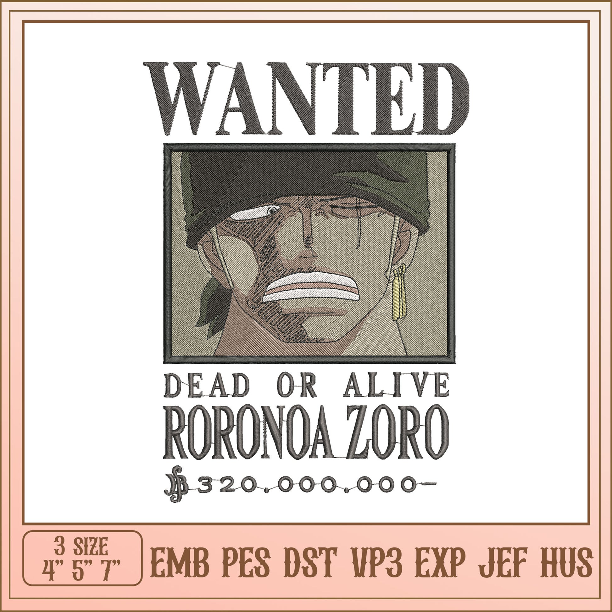 Zoro Wanted Embroidery Design