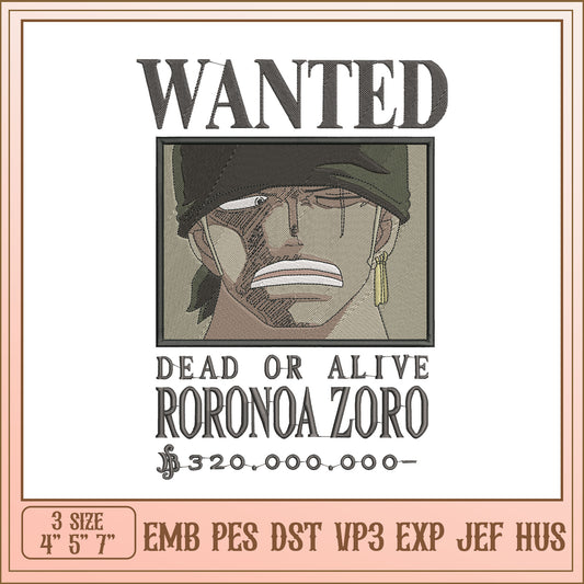 Zoro Wanted Embroidery Design