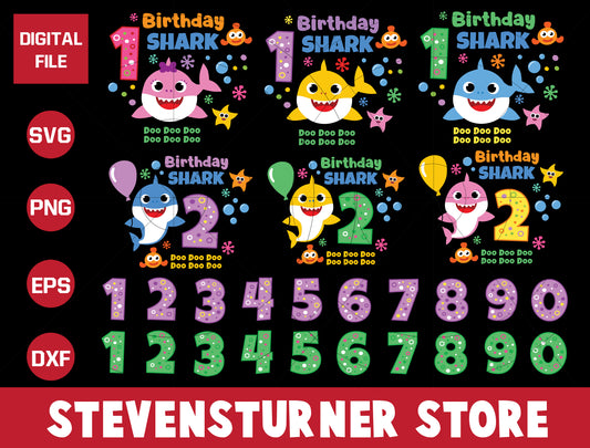 Birthday shark number bundle svg, happy shark birthday​ svg