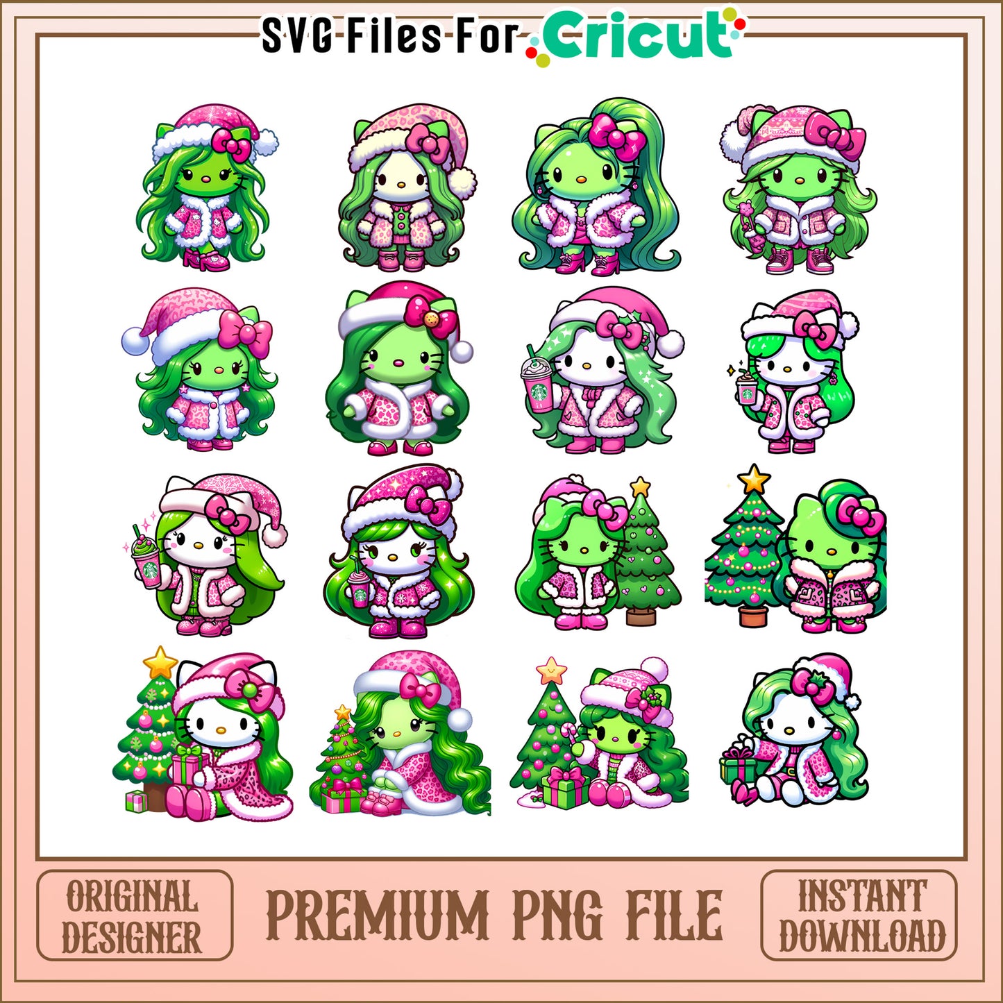 Kitty grinch christmas design bundle png, hello kitty grinch​ png