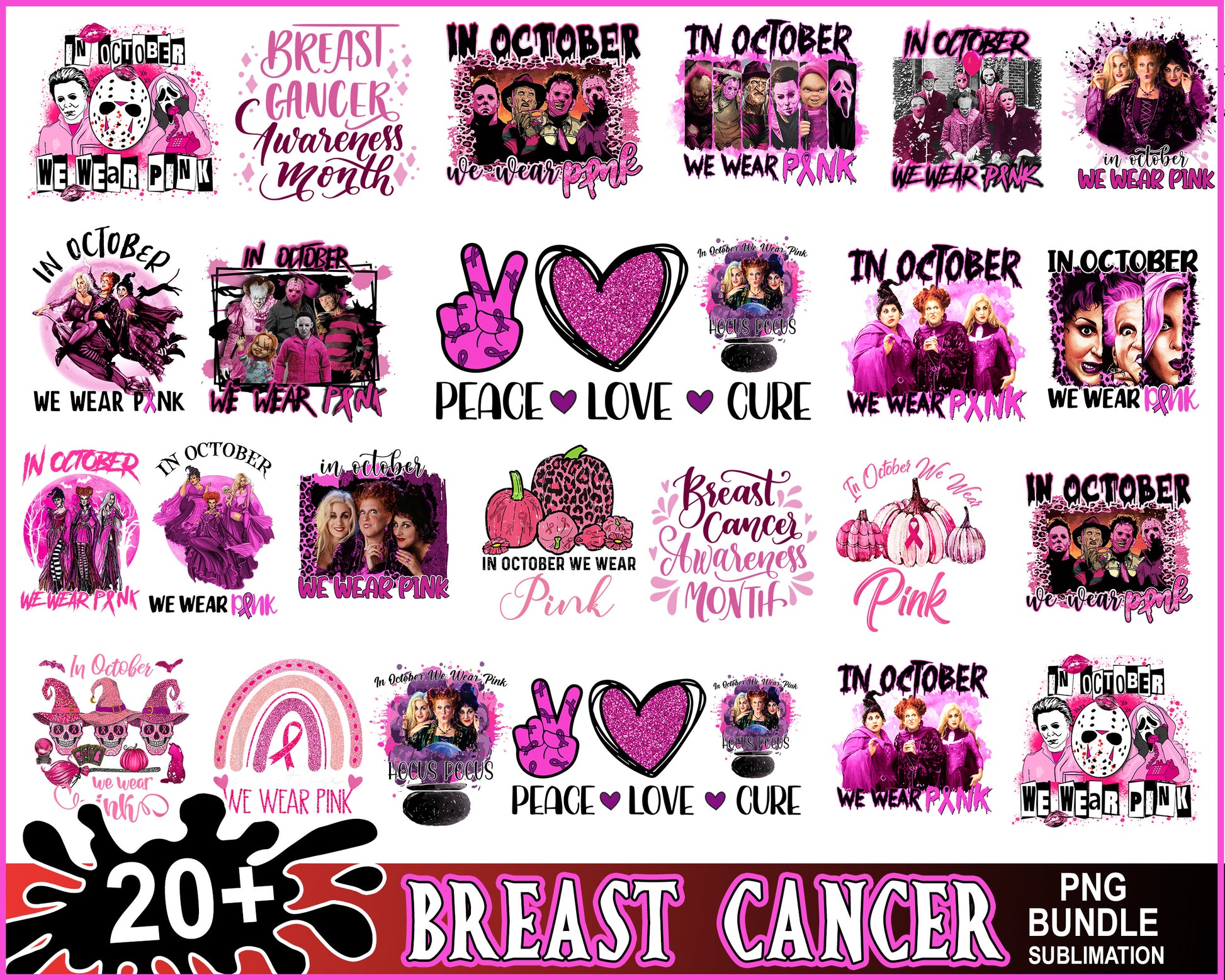 In october we wear pink horror movie bundle png, hocus pocus​ png