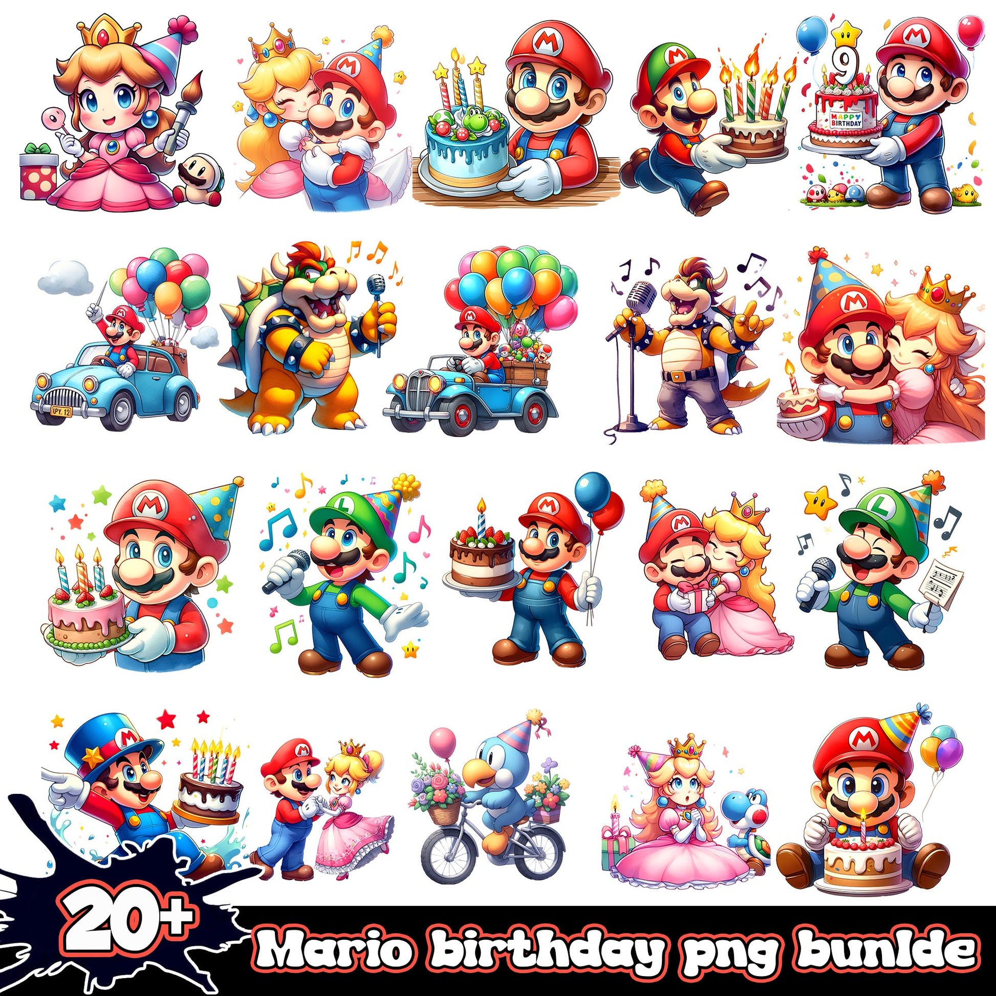 Mario chibi birthday design bundle png, super mario birthday​ png