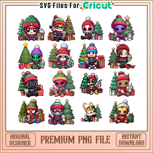 Marvel characters chibi christmas bundle png, marvel christmas tree​ png