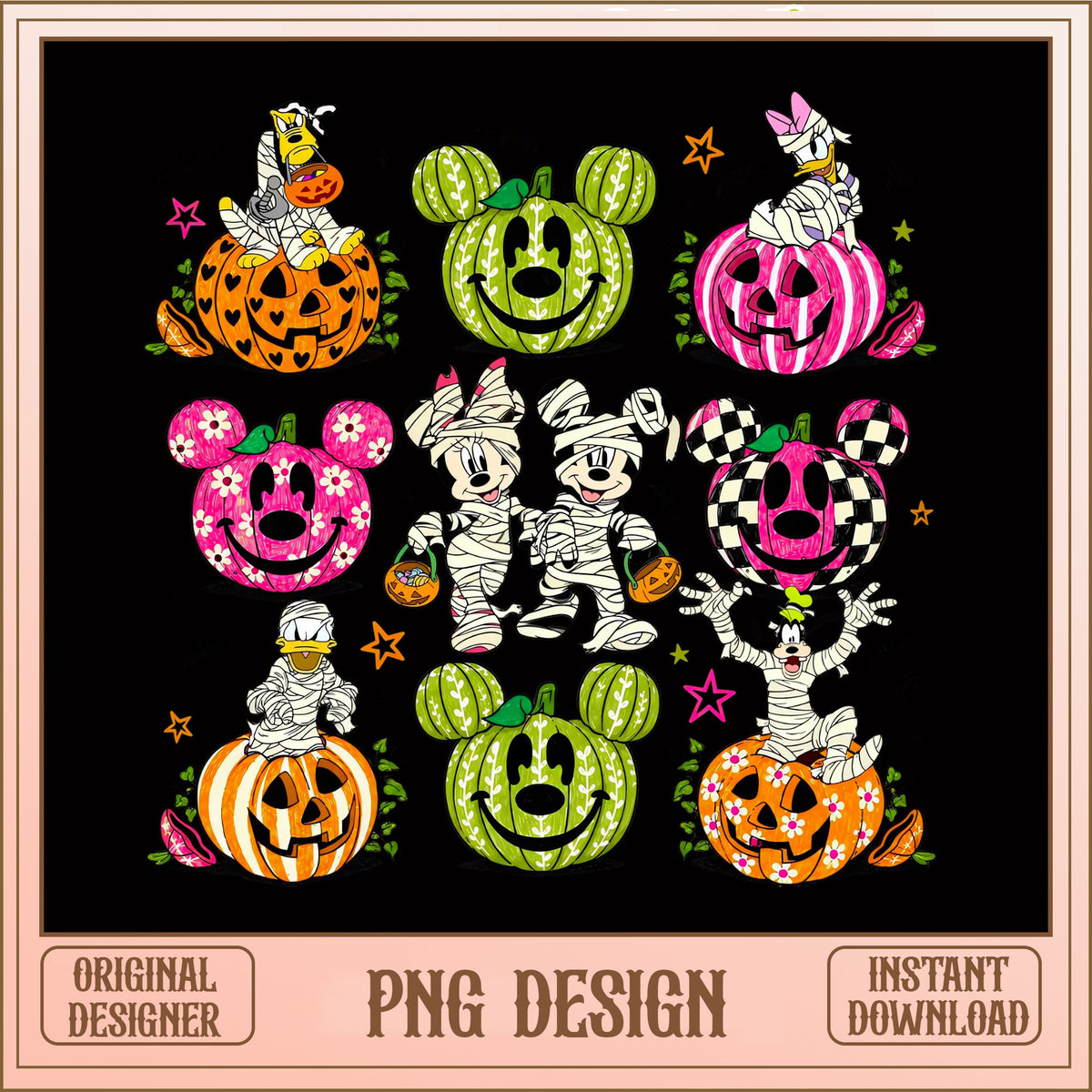 Disney Halloween Pumpkin PNG Bundle, Mickey Minnie Mummy PNG, Retro Spooky PNG