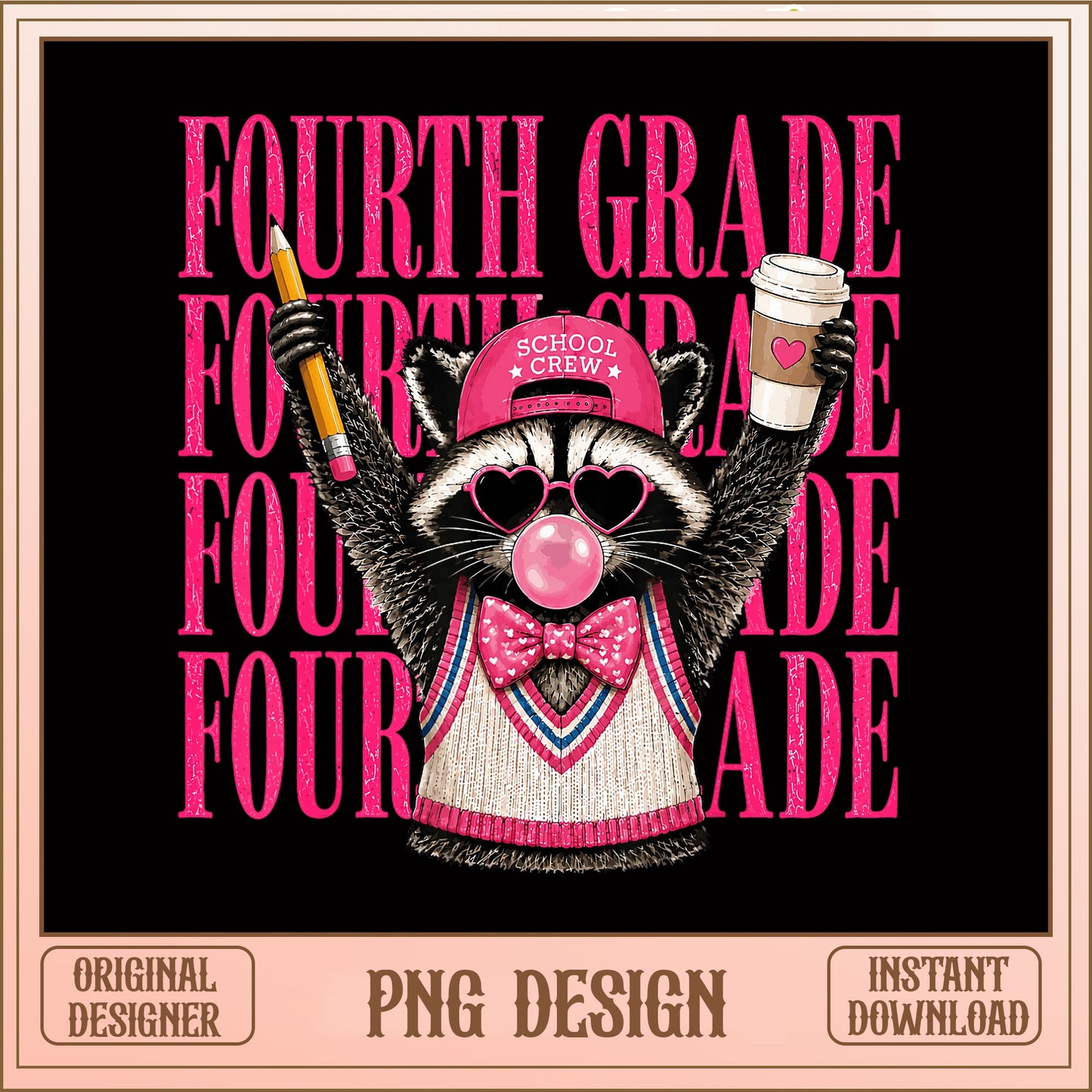 Fourth Grade Raccoon School Crew PNG, Back To School PNG, Teacher PNG