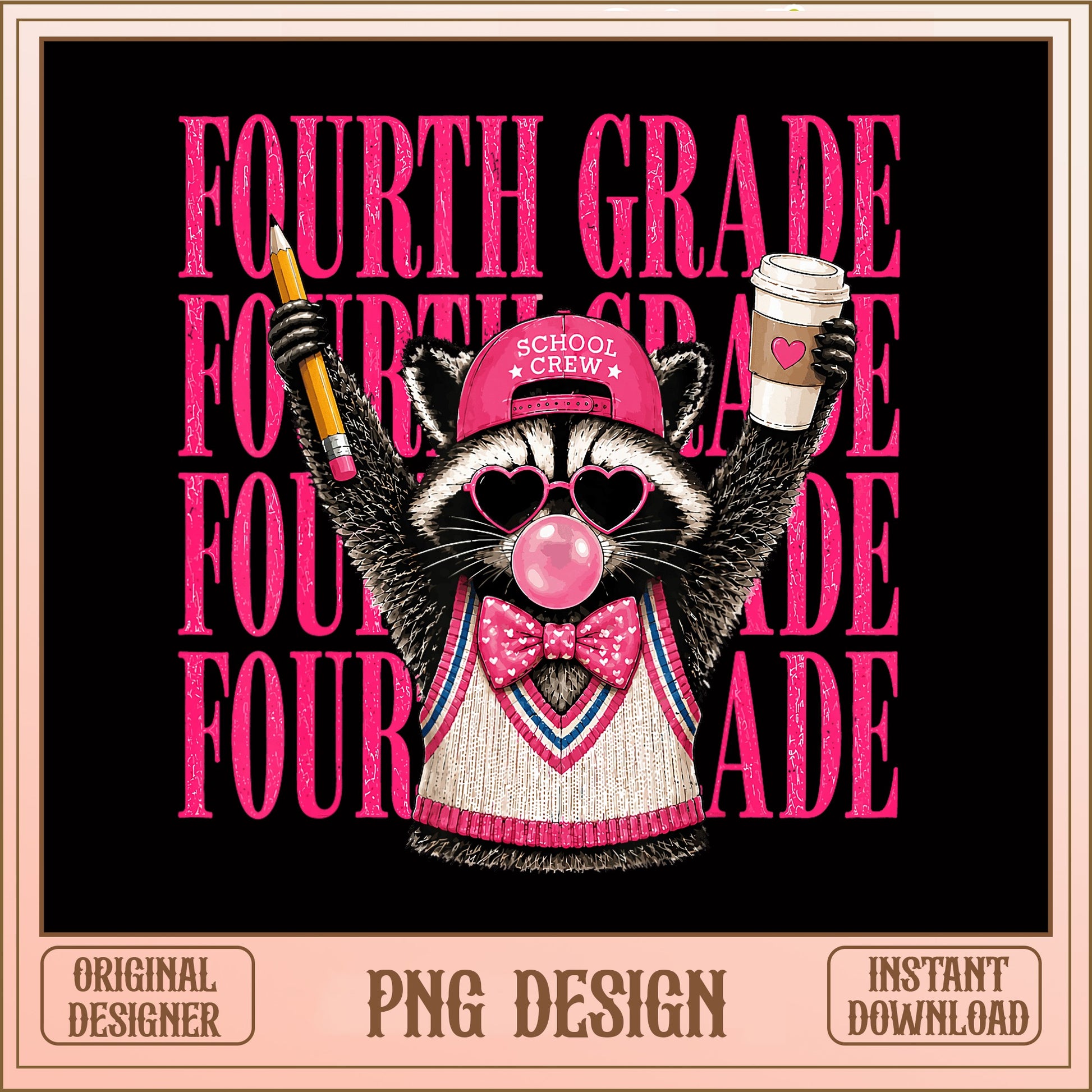 Fourth Grade Raccoon School Crew PNG, Back To School PNG, Teacher PNG