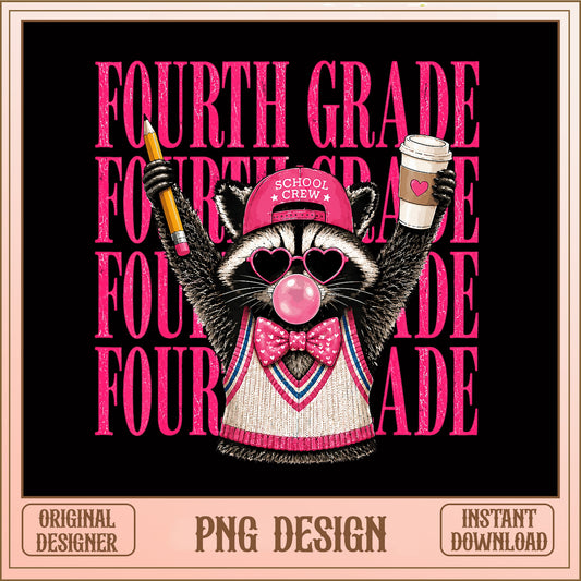 Fourth Grade Raccoon School Crew PNG, Back To School PNG, Teacher PNG