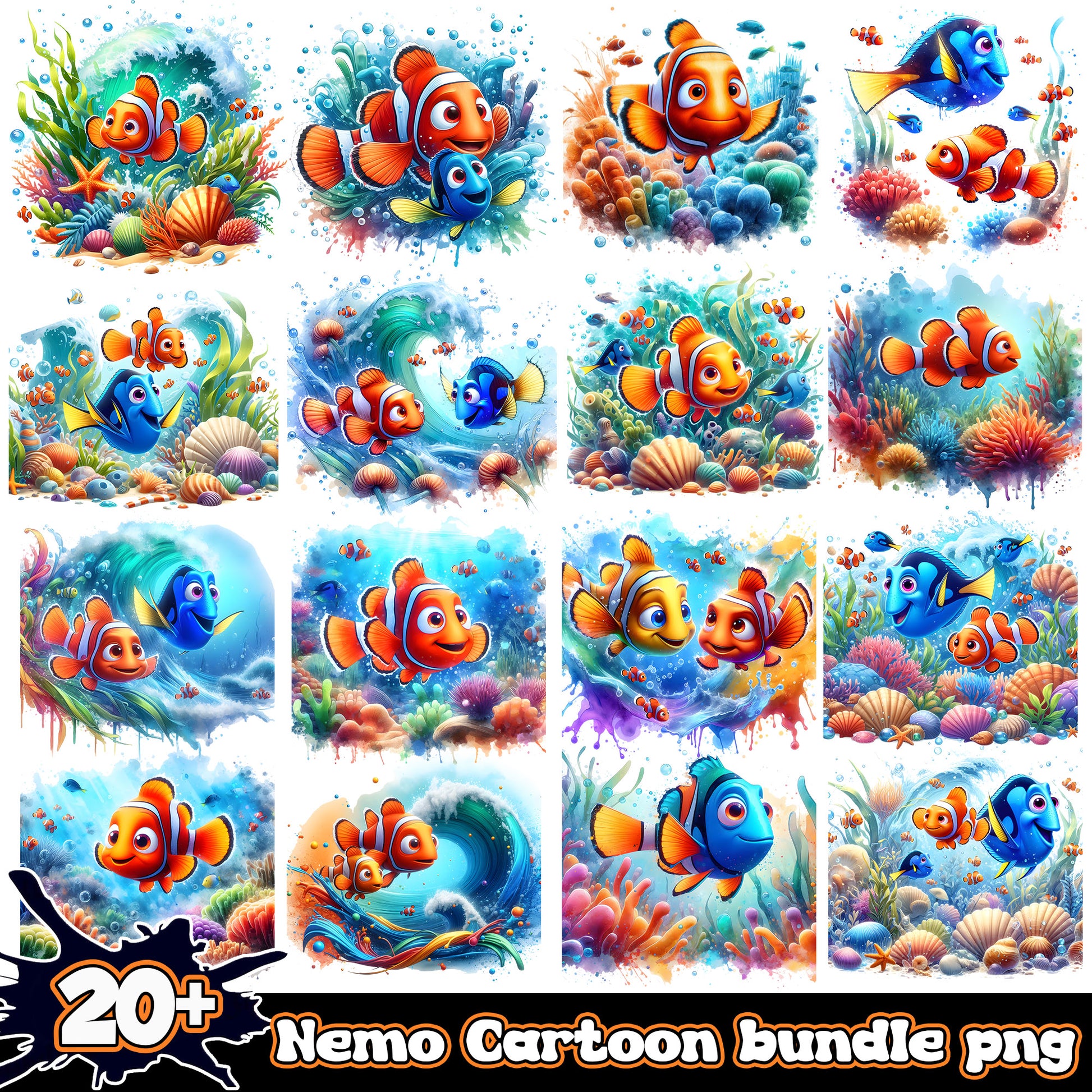 Nemo watercolor design bundle png, disney pixar finding nemo​ png