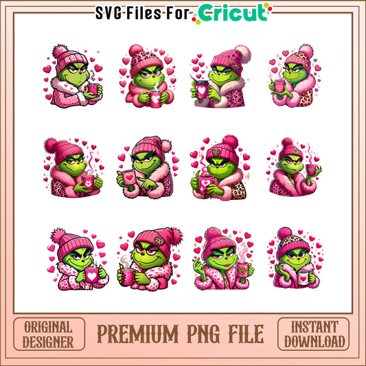 Grinch coffee valentine bundle png, grinch coffee cup​ png