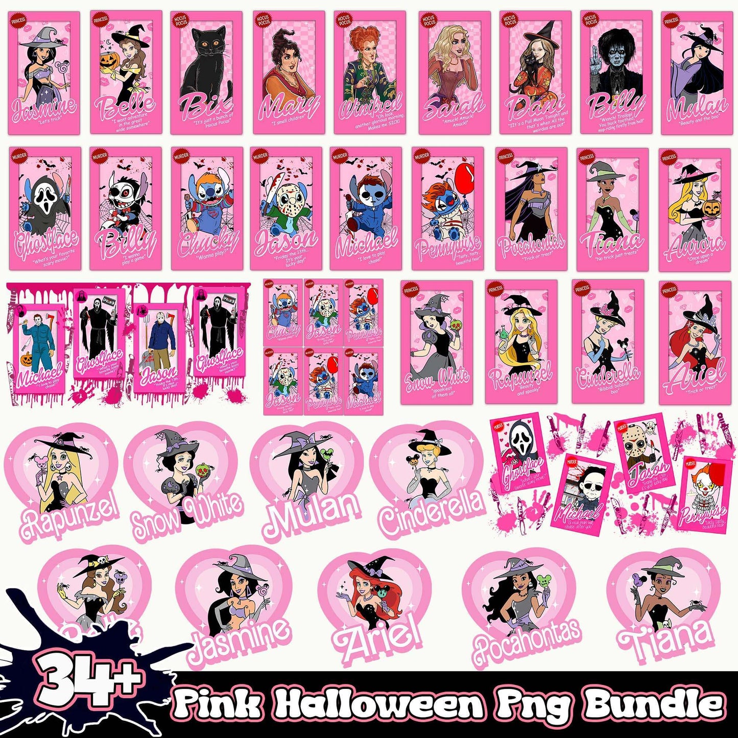 Pink Halloween png bundle, Pink Halloween card bundle